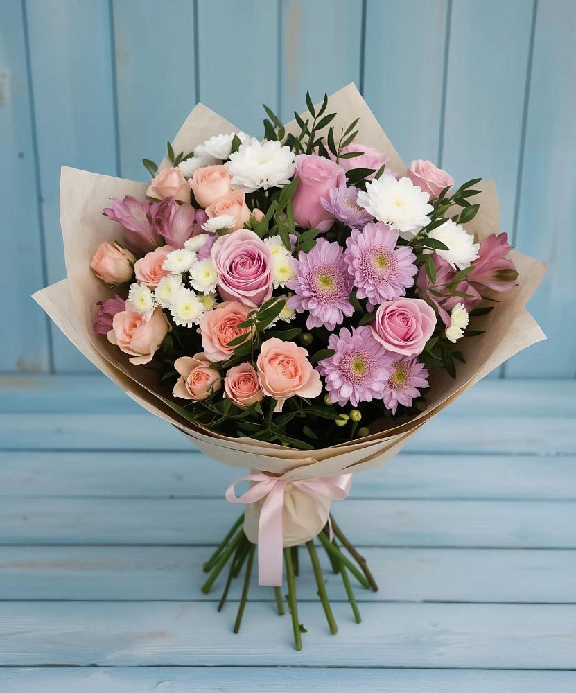 Букет цветов из: Хризантемы, Розы и Альстромерии в Эльбрусский
