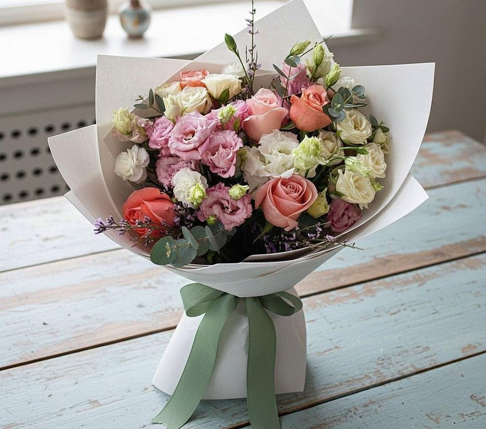 Букет цветов из: Розы, Лизиантусы и Гвоздики в Эльбрусский