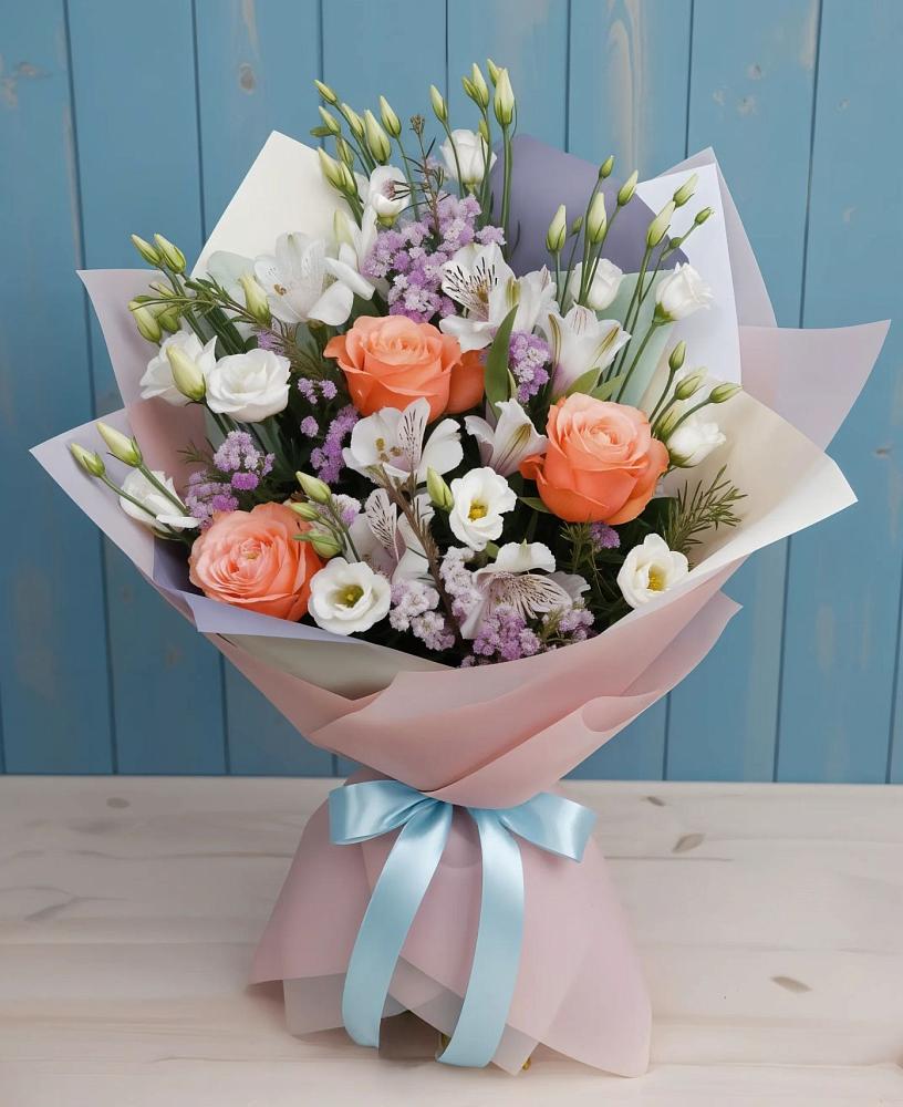 Букет цветов из: Лизиантусы, Розы, Альстромерии и Гипсофила в Эльбрусский