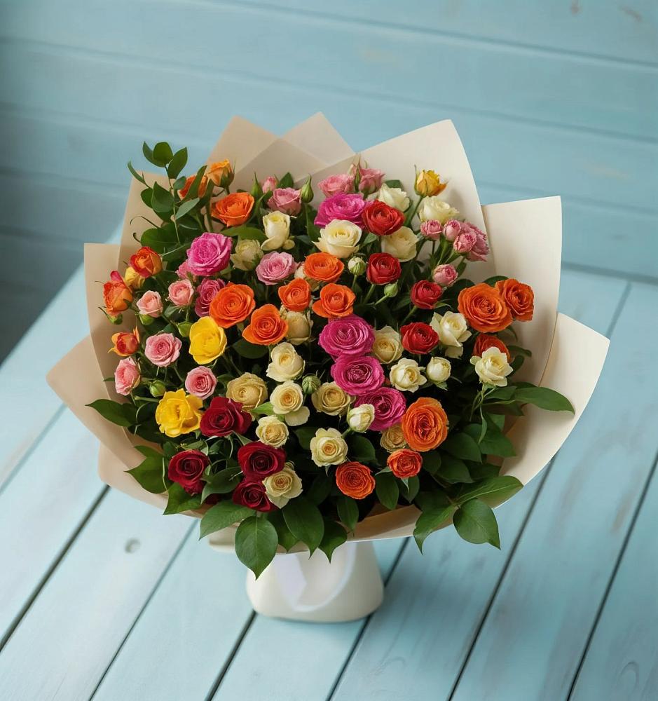 Букет Микс из разноцветных кустовых роз в Эльбрусский