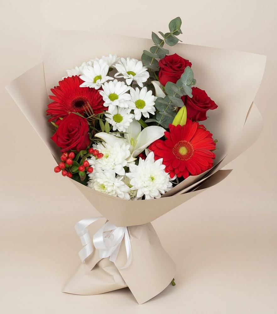 Букет цветов из: Розы, Хризантемы, Герберы и Лилии в Эльбрусский