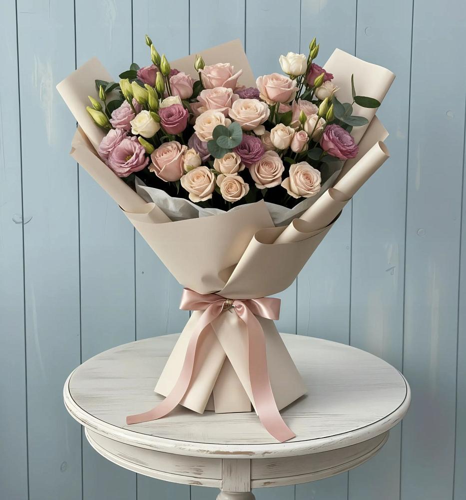 Букет цветов из: Розы и Лизиантусы в Эльбрусский