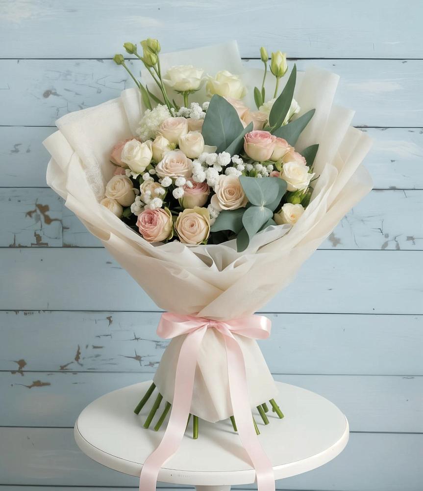 Букет цветов из: Розы и Лизиантусы в Эльбрусский